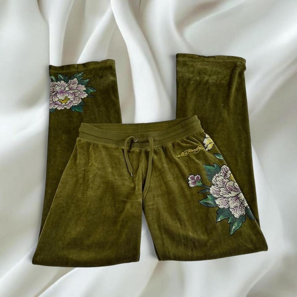 Ed Hardy green velour floral rhinestone graphic flare sweatpants Y2K vintage